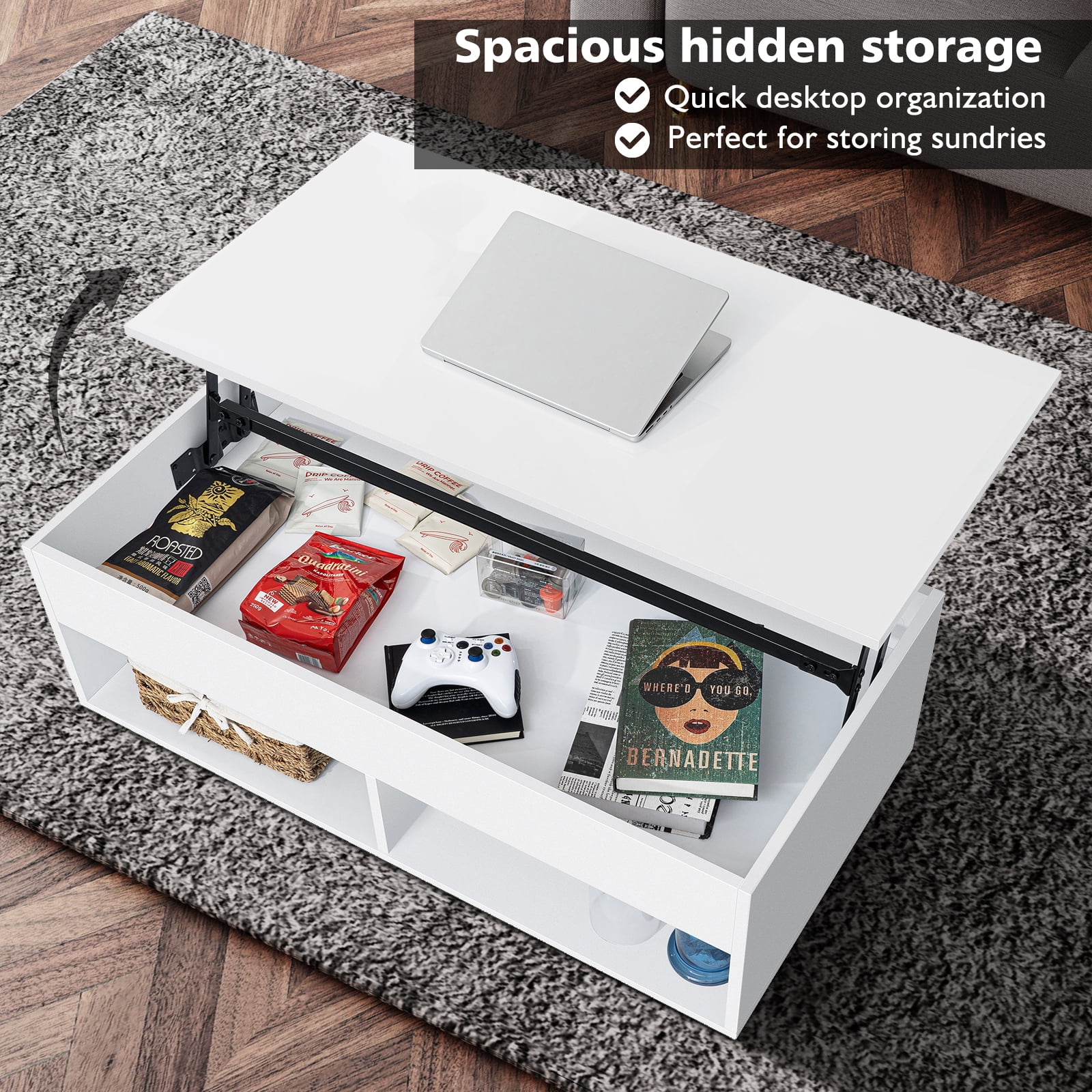 Hommpa LED Lift Top Coffee Table with Hidden Compartment High Gloss White Coffee Tables Center Rising Cocktail Table for Living Room Accent Furniture