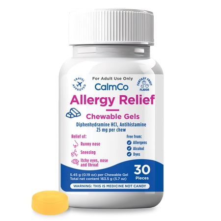 CalmCo Adult Allergy Relief Chewable Gels with Diphenhydramine - Chewable Antihistamine for Sneezing, Runny Nose & Itchy Eyes, Nighttime Allergy Medicine for Ages 12+, Fantasy Fruit Flavor, 30 Pieces