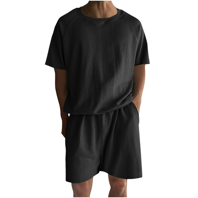 Conjunto de Pantalones Cortos Deportivos para Hombres, Cuello Redondo de Manga Corta de Moda para el Desgaste Casual Y de Playa, Traje de Poliéster Suave