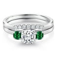 thumbnail image 3 of Gem Stone King 10K White Gold White Moissanite Green Nano Emerald and Lab Grown Diamond 3 Stone Bridal Engagement Wedding Ring Set for Women (1.05 Cttw, 5MM and 3MM Cushion Cut, Size 8), 3 of 6