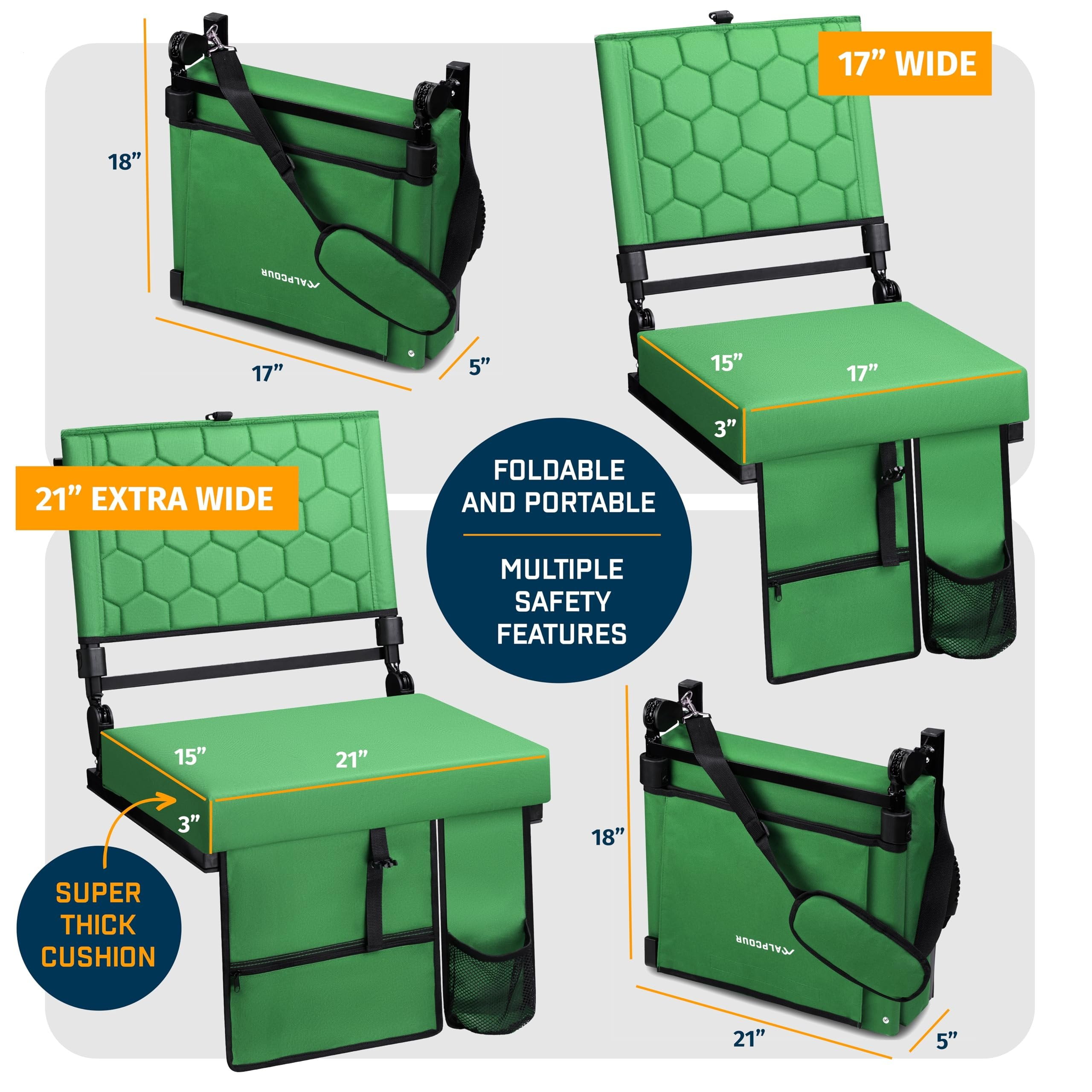 Folding Reclining Stadium Seats with Back Support for Bleachers, Bleacher Chairs with Back and Cushion Seating for Football, Camping Chair, Kayak Seat, Canoe, Paddle Board, Concerts, & Sports Events