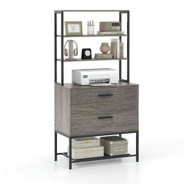 Resenkos Filing Cabinet Office Drawers, Office Storage Cabinet,Freestanding File Cabinet with Charging Station and 3-Tier Open Shelves-Gray