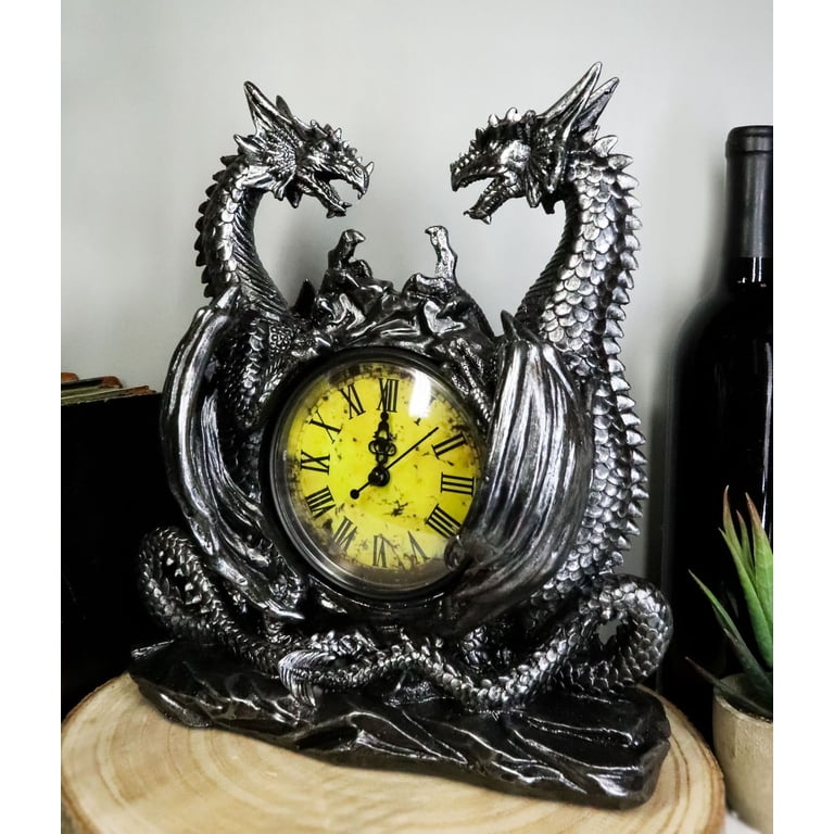 Gothic Twin Dragons Table Clock Statue With Roman Numerals In