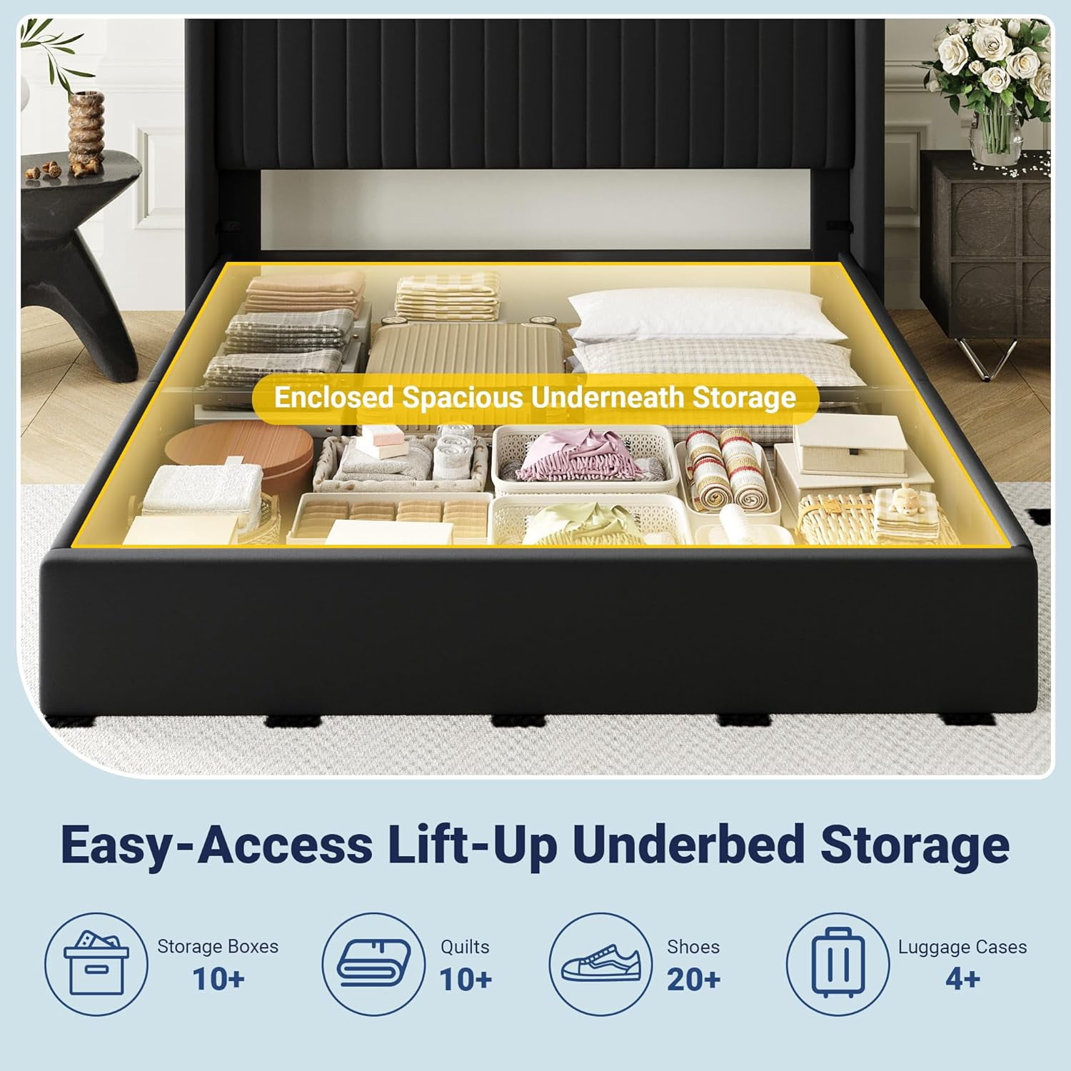 Allewie Queen Size Lift Up Storage Bed Frame, Hydraulic Support System, Upholstered Platform Bed Frame, Vertical Channel Tufted Headboard with Wingback, Black