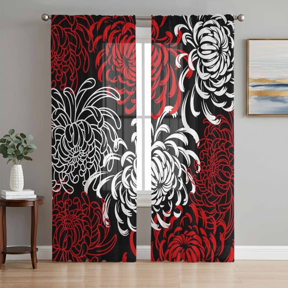 Red White Sheer Curtains 84 Inch Length 2 Panels Set, Abstract Black Chrysanthemum Flower Floral Voile Window Treatment Rod Pocket Curtains Sheers Drapes for Bedroom/Living Room/Kitchen 52"x84"x2