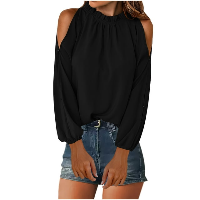 aidice Tops for Women Casual Round Neck Ruffle Long Sleeve Ruched Cold Shoulder Solid Color Blouses Tops