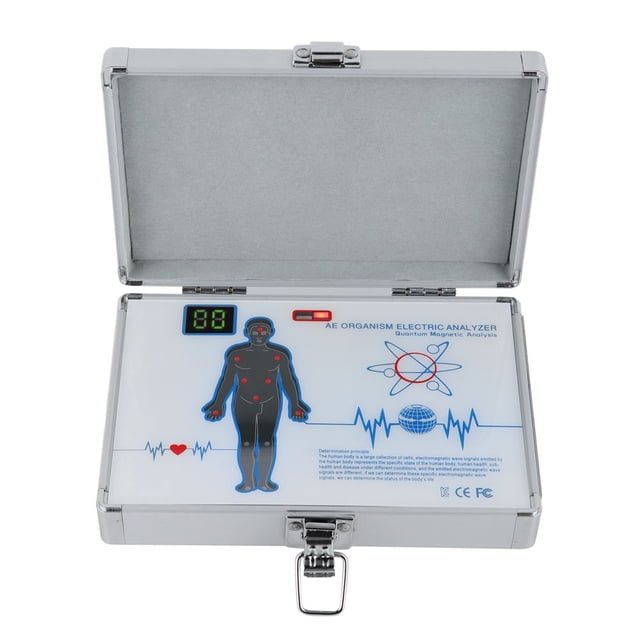 analizador cuántico, detector de subsalud de resonancia magnética cuántica portátil analizador de subsalud probado y confiable caja metálica abierta con panel blanco impreso que muestra silueta humana y gráficos de órganos, indicador LED verde, botones rojo y verde, cierre y mango metálicos, cable USB visible y dimensiones aprox. 19.5 x 13.5 x 4.7 cm; según el fabricante, a menudo usado para demostraciones y pruebas informáticas.
