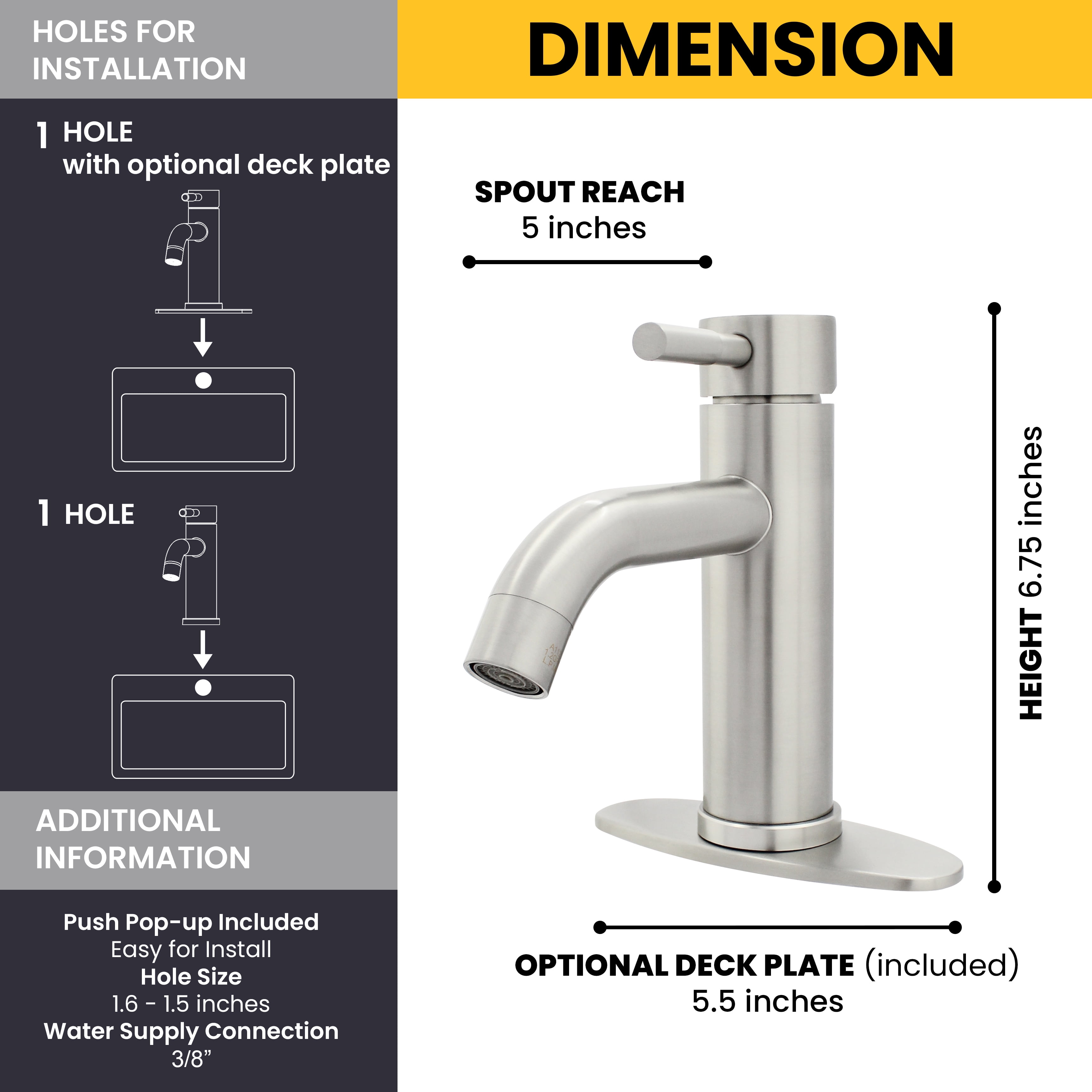 WMF-4316SS-S - Stainless Steel 4" Single Handle Lavatory Faucet, Bathroom Sink Faucet with Pop Up and Deck Plate, Brushed Nickel Finish