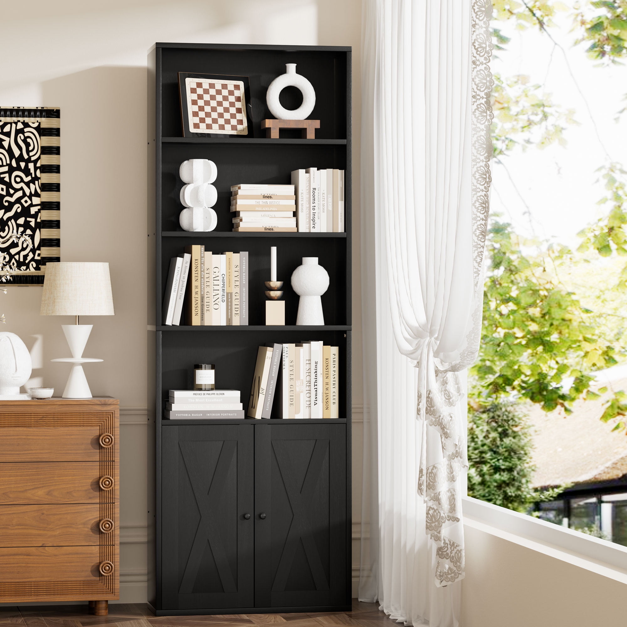 Walsunny 2PCS Bookcase with Doors, 6-Tier Bookshelf with Storage