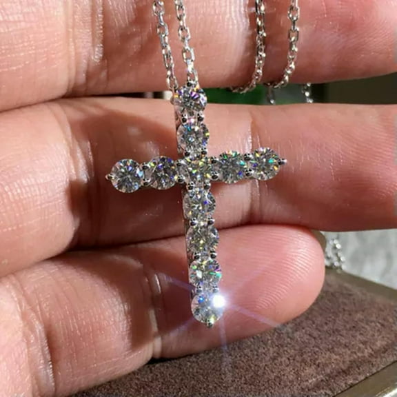 Cross Necklace Pendant Professional Luxury Round Cubic Zircon 925 Silver Filled Women Jewelry-Silver[s764]