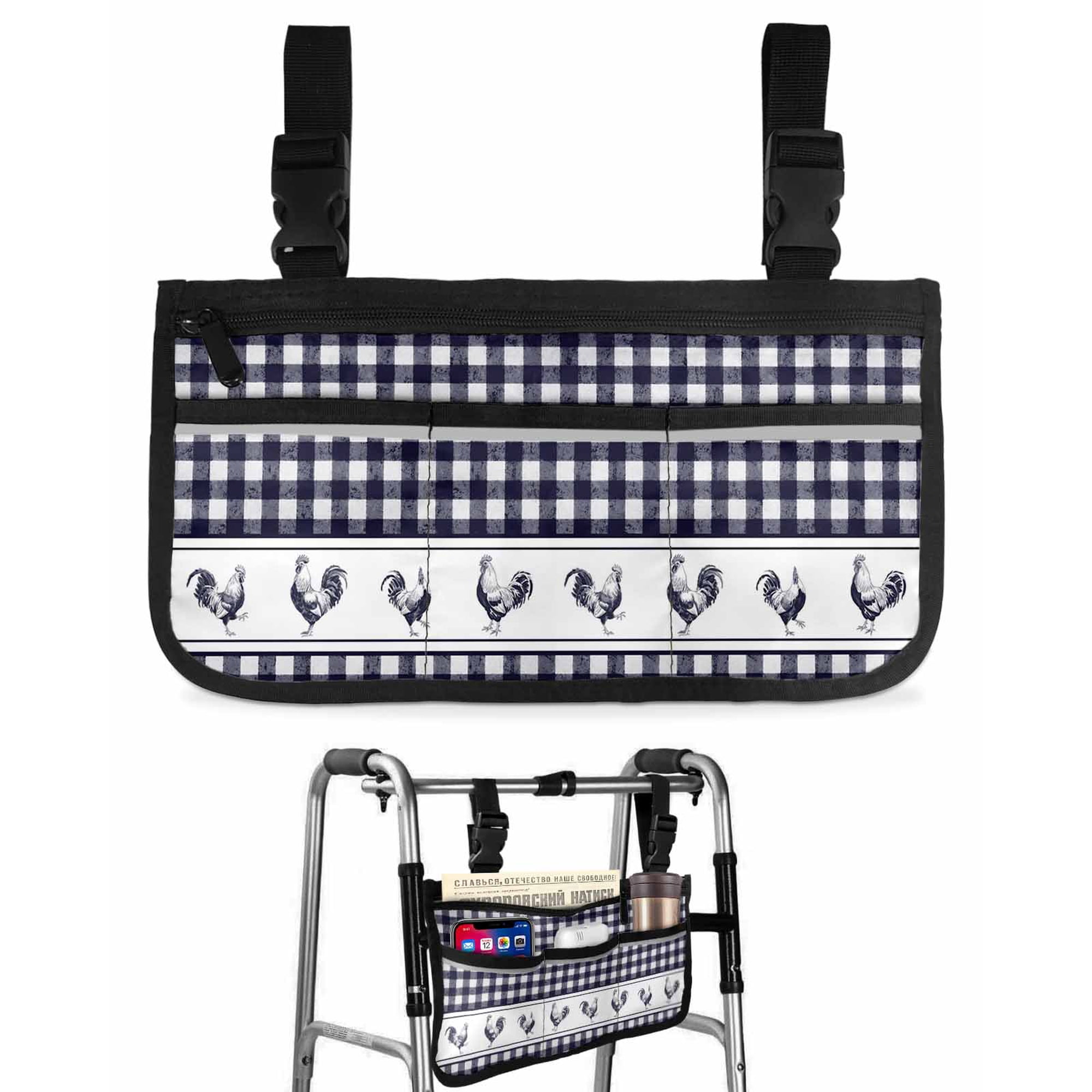 Cock Wheelchair Side Bag with Cup Holder, Vintage Farm Watercolor Cock Blue White Plaid Wheelchair Armrest Bag Storage Pouch Adults, Seniors for Walkers, Rollator, Scooter