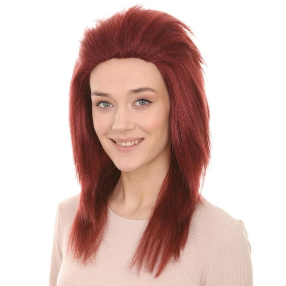 HPO Adult Dark Auburn Rock Diva Women's 80s Wigs,  Long Cosplay Halloween Wig , Premium Breathable Capless Cap