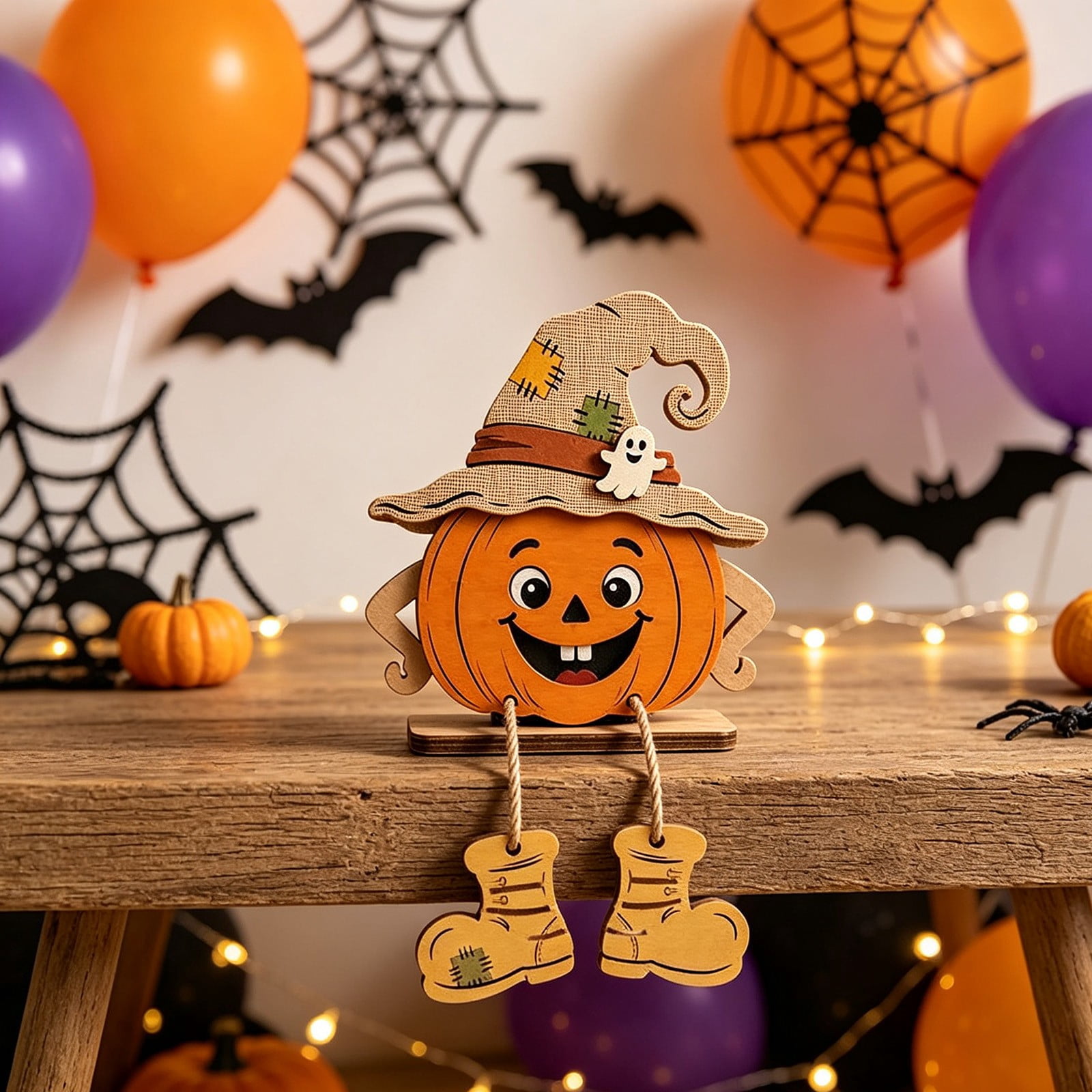Wooden Halloween Pumpkin Decoration 6 in - Natural Wood Tabletop Ornament Sign Accent Display for Fireplace Mantel Shelf Tiered Tray Fall Harvest Decor Accent