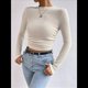 thumbnail image 4 of Tops de Punto Gofre para Mujer, Camisas de Larga, Camisetas Informales Ajustadas con Cuello Redondo, Jerséis Albaricoque M, 4 of 9