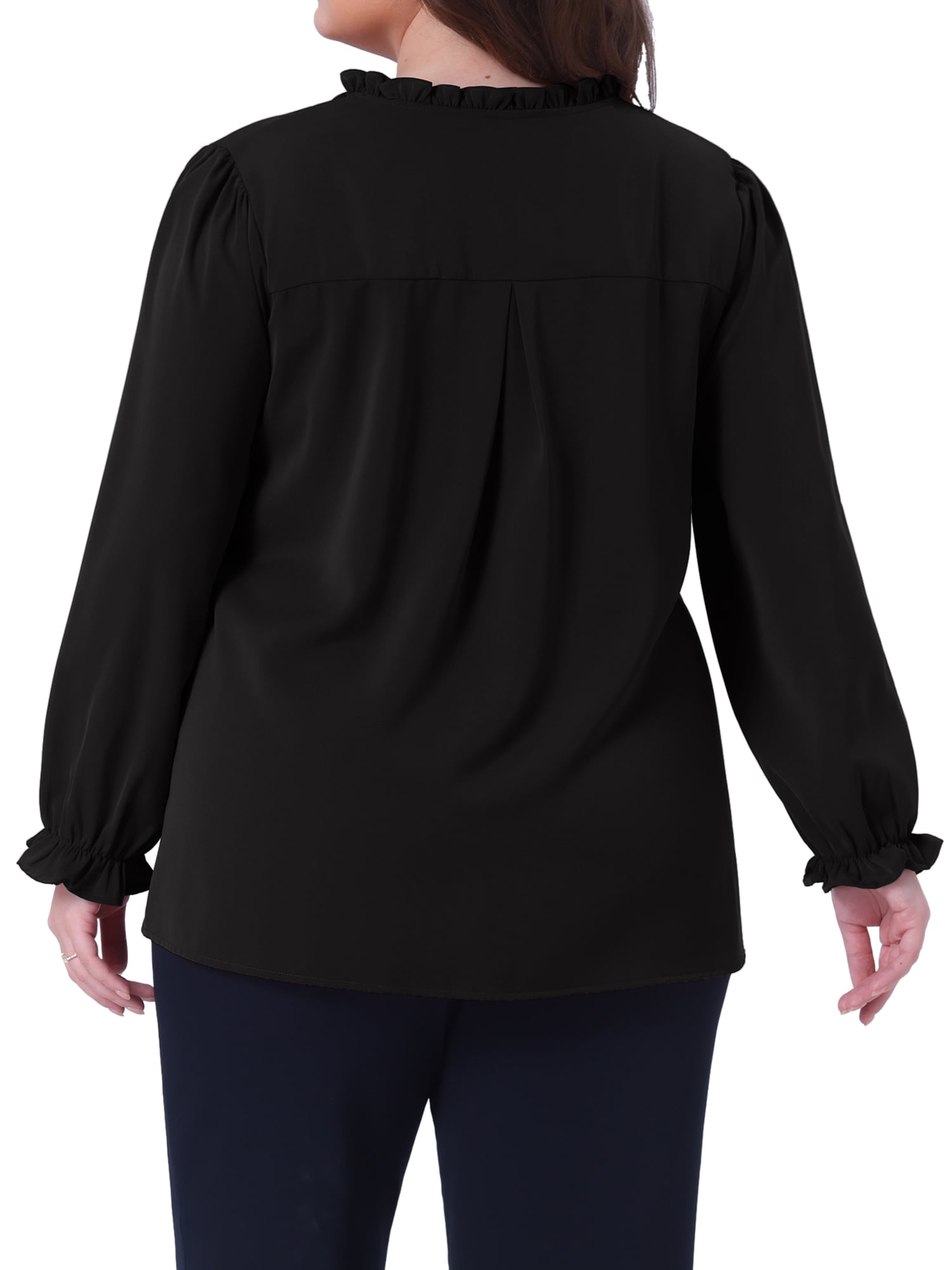 DARING DIVA Women's Plus Long Sleeve Ruffle Crew Neck Casual Blouse 4X Black