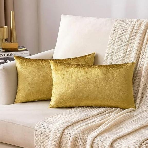0829 Pack of 2 Golden Velvet Throw Pillow Covers 12x20 Inch Soft Solid Decorative Set Lumbar Fall Cushion Cases for Couch Sofa Bedroom