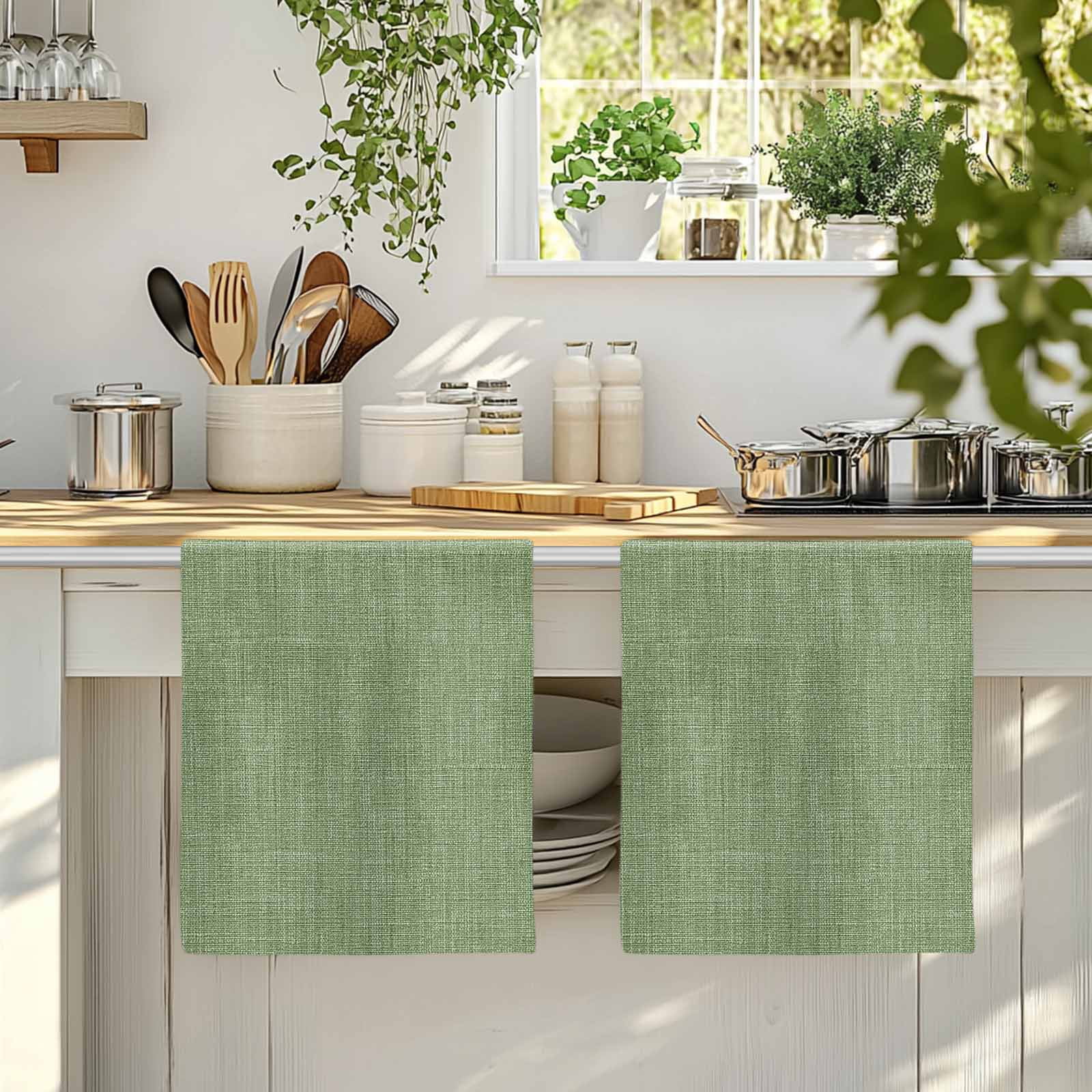Grass Green Kitchen Towels Set of 3, Farmhouse Burlap Solid Green Modern Linen Texture Soft Microfiber Dish Towels, Absorbent Washable Dishcloths for Kitchen Cleaning, Drying Dishes, 18x28 Inches