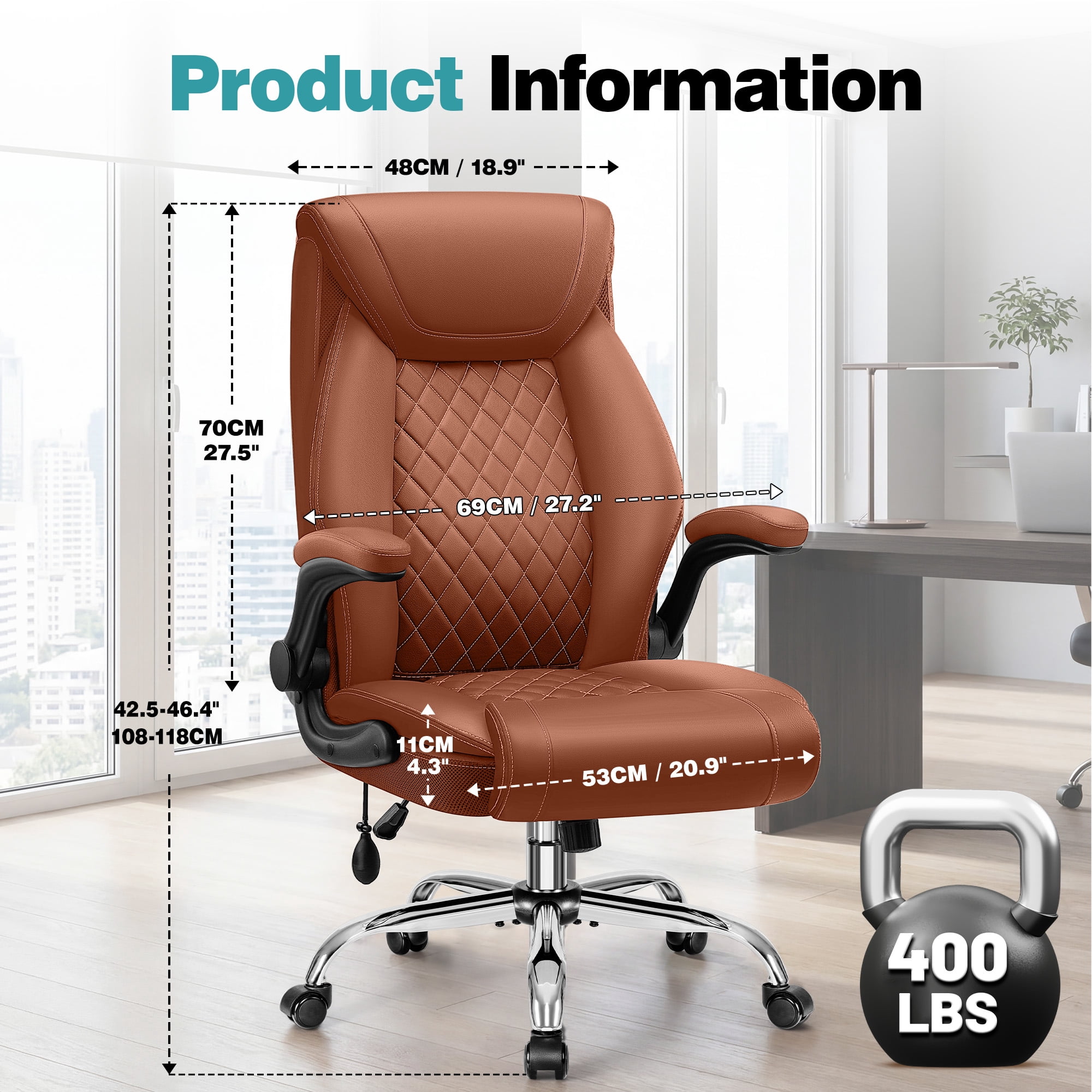 ATHOPE Leather Office Chair, Executive Desk Chairs with Flip-up Padded Armrests, Big and Tall Office Chair with Wheels, Ergonomic Computer Chair with Lumbar Support for Home Office, Brown