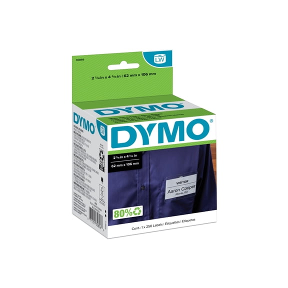 DYMO Authentic LW Non-Adhesive Name Badge Labels for LabelWriter Label Printers, White, 2-7/16" x 4-3/16", 1 Roll of 250