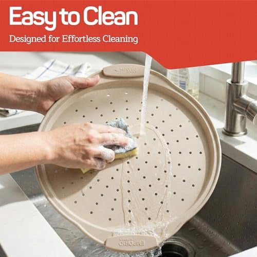 Nonstick Pizza Pan Set with Silicone Handles, Round Carbon Steel Tray 2 Pack 13-Inch with Perforated Holes, Oven & Dishwasher Safe White Marble