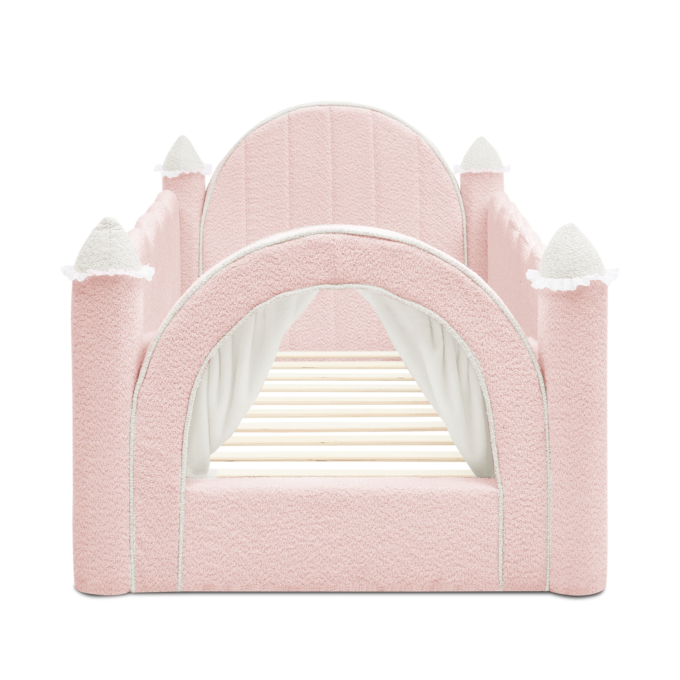Twin Size Castle-Shaped Kids Floor Bed with Safety Guardrail, Low Profile Upholstered Platform Bed Frame with Small Curtain
