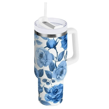 

JSTEL Blue Rose Floral Flower 30 oz Tumbler Stainless Steel Water Bottle Vacuum Insulated Cup with Straw Lid & Handle For Travel Car Cup Holder