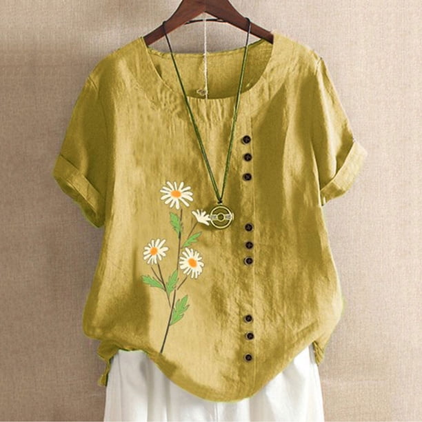 Puntoco Mujer Imprimir Casual Manga Corta O-cuello Botón Suelto Camisa top Blusa Puntoco Puntoco-5347