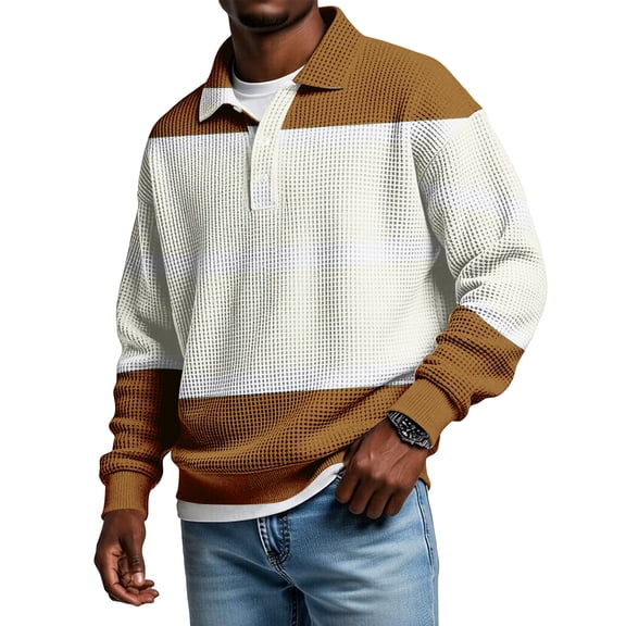 LWavelet Men's Color-Block Waffle-Knit Polo Shirt - Long Sleeve Design, Perfect for Casual Commute & Weekend Hangouts Earthy Yellow 3XL