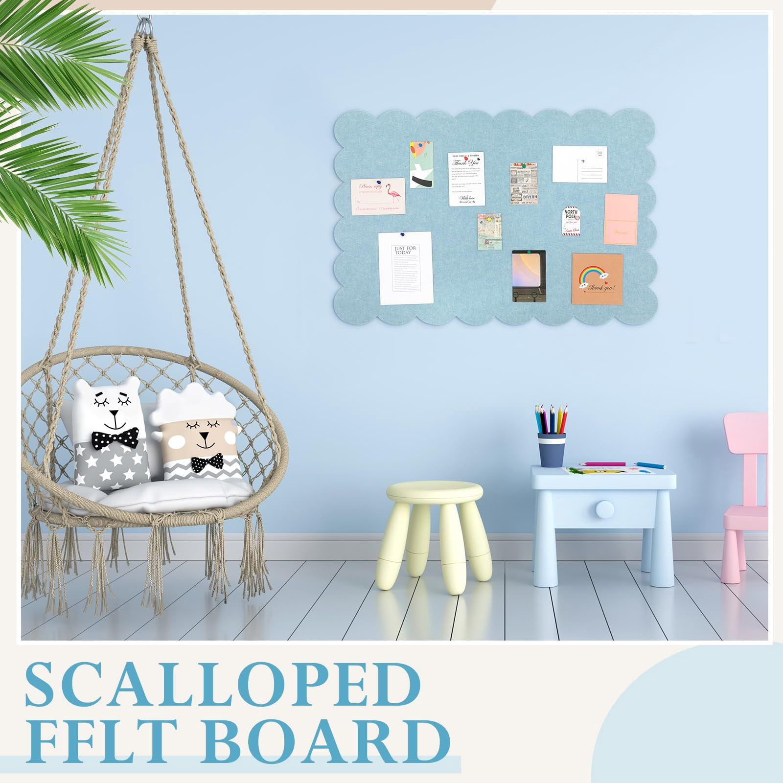 Scalloped Felt Bulletin Board 24 X 18 Inches Foldable Light Blue Pin Cork Alternative For Wall  2' 1.5' Trifold Picture Vision Self Adhesive Decorative