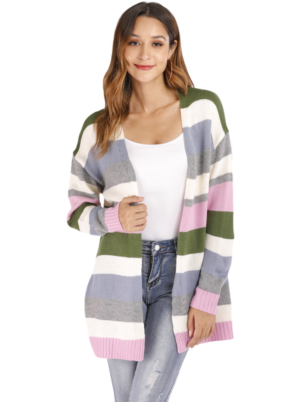 Women Striped Cardigan Knitted Kimono 