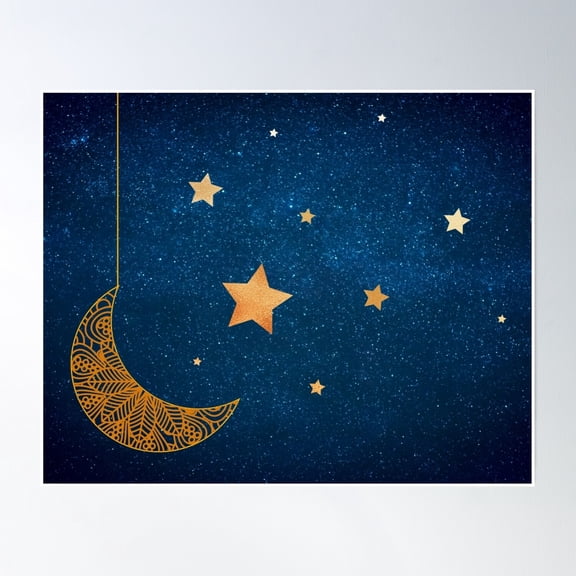 Dark Blue Night Sky With Moon And Stars Poster Wall Art, Modern Wall Decor, 8x12 UNFRAMED