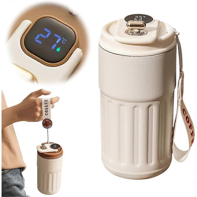 Coffee Thermos with Temperature Display, Stainless Steel Water Bottle for Hot Drinks, 450ml, Portable Vacuum Insulated Travel Mug, for Home, Car, Offi