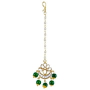 Crunchy Fashion Jewellery Traditional Golden Chand shape Green Pearl Beads Kundan Maang Tika For Women & Girls