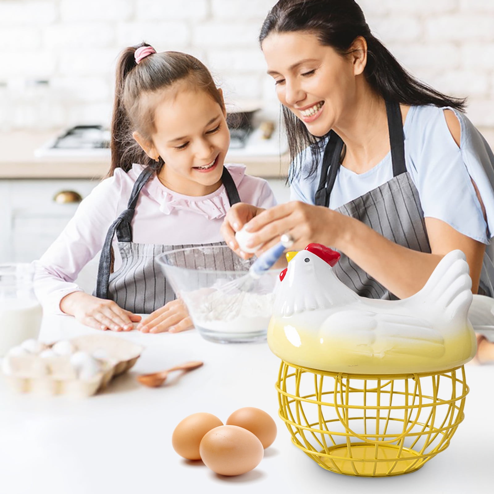 Ceramic Kitchen Storage Basket with Lid,Multi-Purpose Metal Fruit and Egg Organizer for Countertop or Pantry Storage,Decorative Household Basket for Kitchen,Living Room and Dining-Yellow