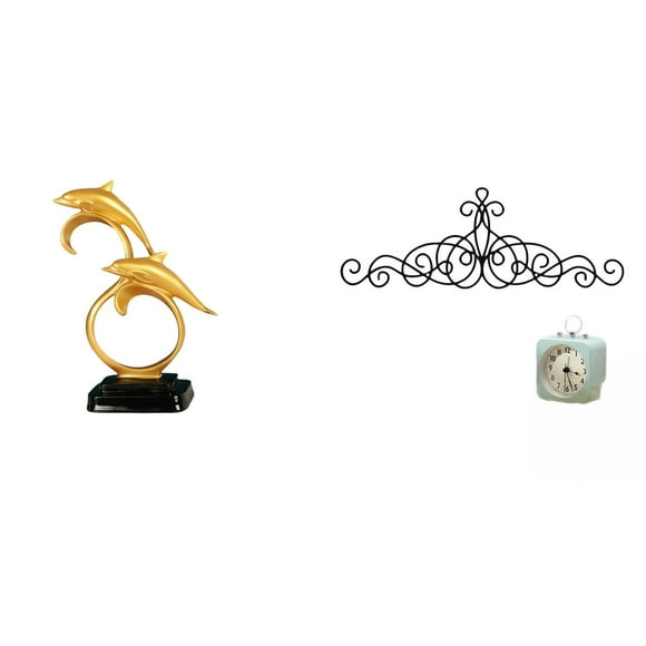 Elodie Modern Lifelike Dolphin Figurine and Floral Scroll Metal Wall Art Collectible Home Office Desk Decoration for Entrance Cabinet Fireplace Tabletop Bookshelf Indoor Outdoor Porch Fence