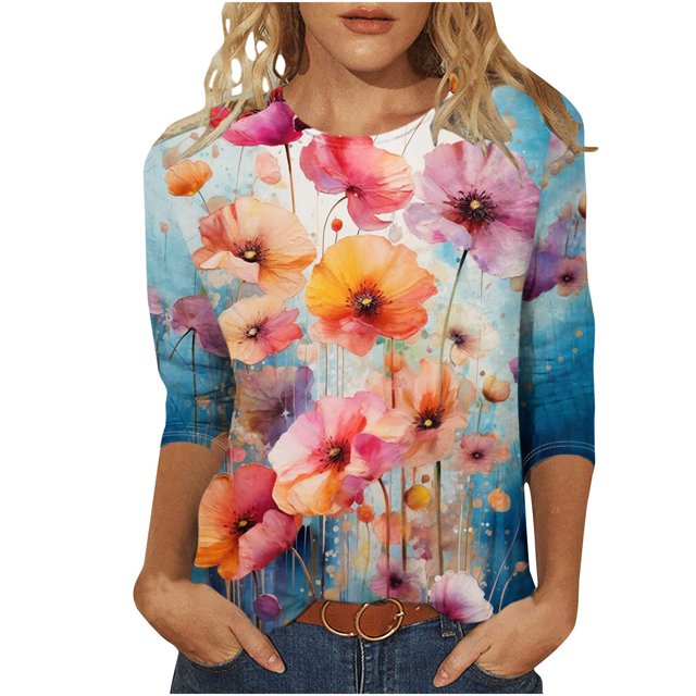 Wanfds Multicolor Ladies 2024 Tops And Blouses Clearance Sale Round Neck Three-Quarter Sleeve Top XXL