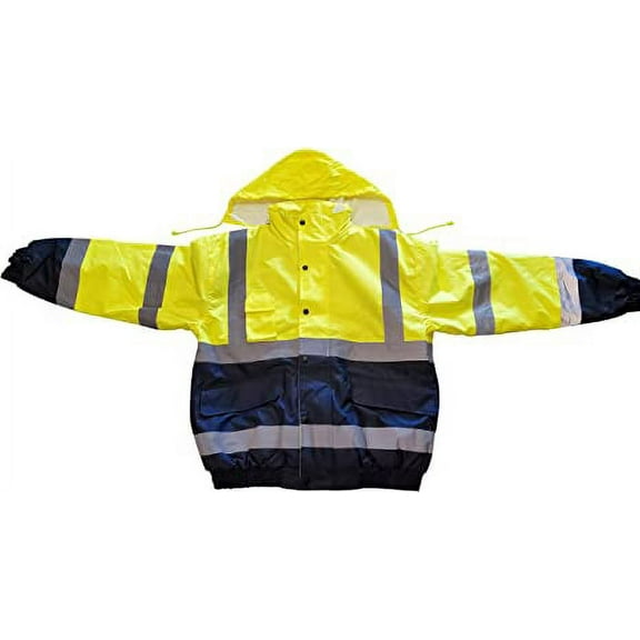Crossing Guard Reflective Safety Jacket Hideaway Hood Coat Neon Yellow (Choose Size) (MEDIUM)