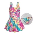 thumbnail image 6 of COEQINE Girls One Piece Tank Swimsuit with Skirt & Inner Liner, U Neck & V-Back Wide Strap Swimwear for Beach Play, Family Vacation, for Girls 8-9 Years, Pink Teal Yellow Tie-dye, 6 of 8