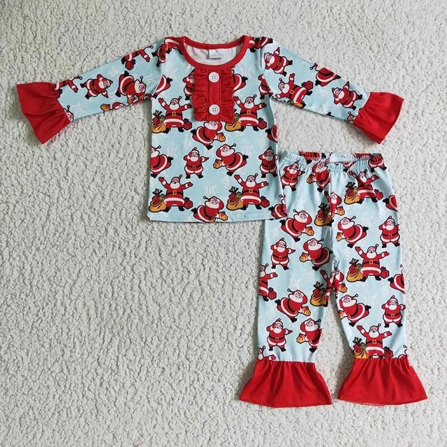 Venta al por mayor de pijamas de Feliz Navidad de Papá Noel para niños, conjunto de manga larga para niñas, pantalones de leopardo para niños, ropa de dormir para niños pequeños, ropa de dormir