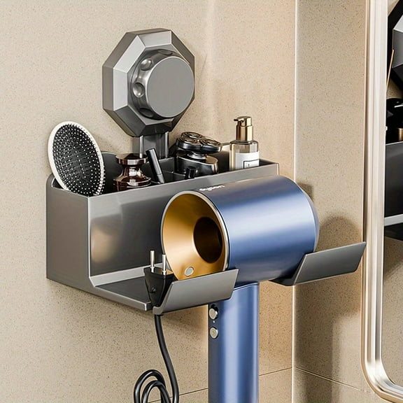 Space-Saving Wall-Mounted Hair Dryer Holder - No-Drill, Reusable Plastic Organizer with Multiple Tiers for Bathroom Storage, Ideal for Styling Tools and Accessories, Stylish Gray and Blue Design,