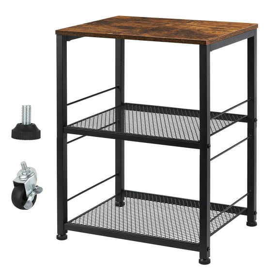 3 Tier End Table with Wheels Side Table Bedside Table Storage Shelf for Bedroom, Kitchen, Living Room & Office, Stable Metal Frame, Wooden Top