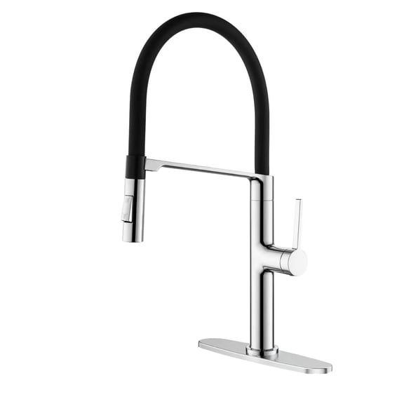 Pull Down Kitchen Faucet, Black Silicon Goose Neck and Chrome Faucet Body, Easy Retraction, With Deck Plate