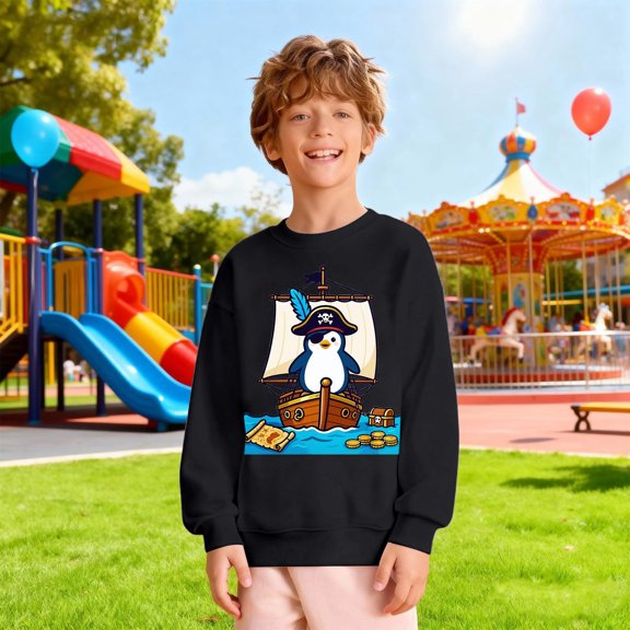 Crewneck Sweatshirt Kids Print Loose Crew Neck Hoodless Sweatshirt Long Sleeve Pullover Black 5-6 Years