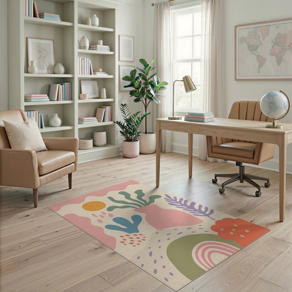 ODIKA 4'x6' Pastel Multicolor Evening Terrace Vibes Washable Area Rug Abstract Shapes with Playful Modern Design Stain Resistant, Low Pile, Easy Care for Dorm Room, Small Living