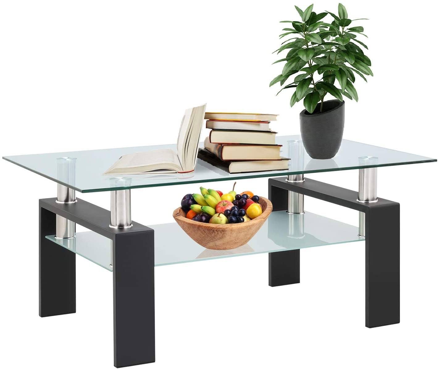 Glass Coffee Table with Lower Shelf, Clear Rectangle Glass Coffee Table, Modern Coffee Table with Metal Legs, Rectangle Center Table Sofa Table Home Furniture for Living Room, L5509 - image 2 of 9
