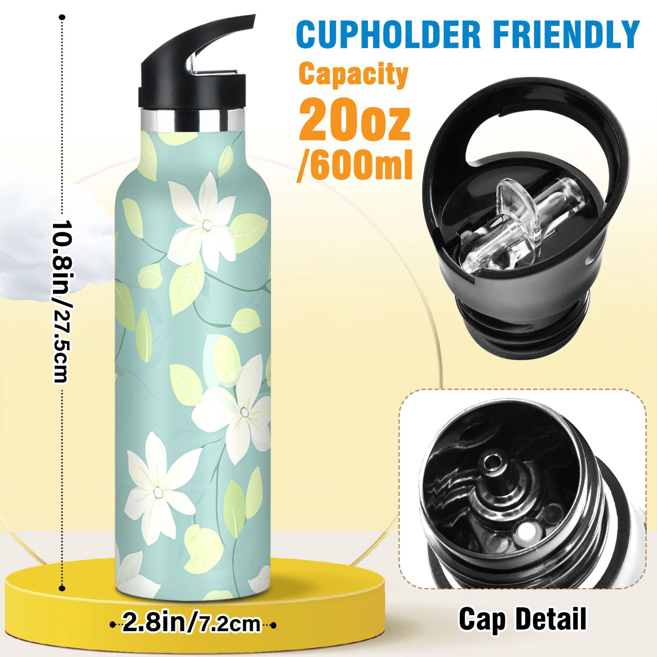 Kids Insulated Stainless Steel Sports Water Bottle 600ml (20oz), BPA-Free Pastel Green Flowers