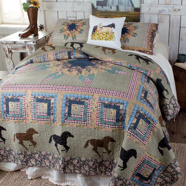 Sunburst and Horses Patchwork Reversible Western Quilt Set Size King