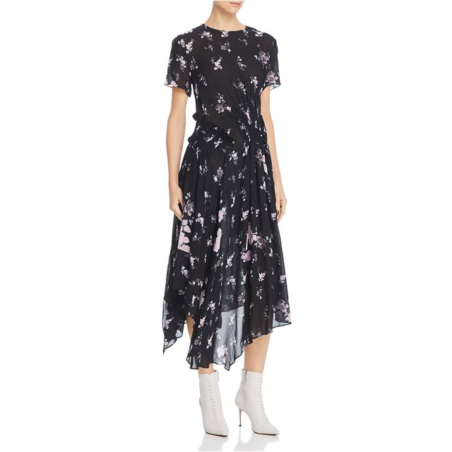 Preen Line Womens Lois Floral Midi Vestido, Negro, Grande