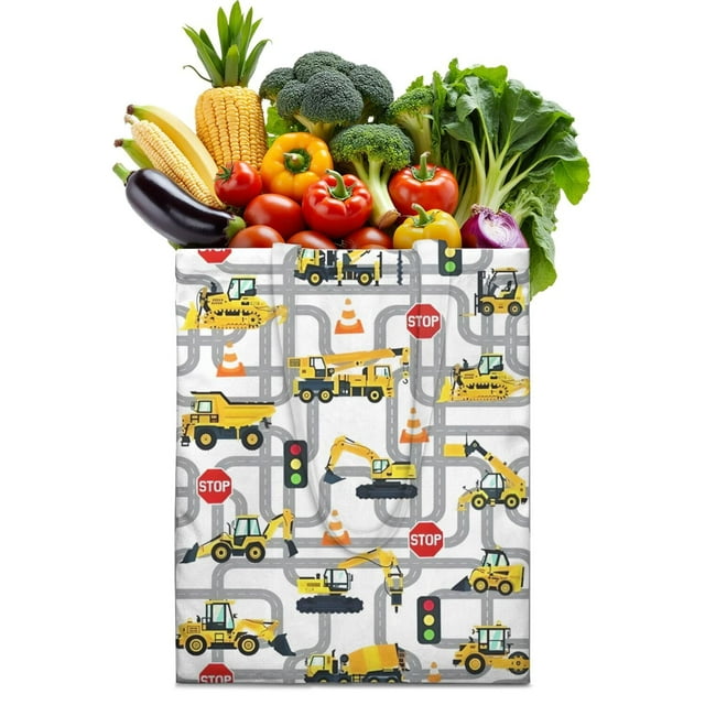 Construction Vehicle Printed Washable Tote Bag - Large Capacity Foldable & Reusable