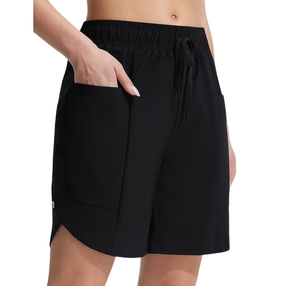 baleaf Women's 7'' Swim Board Shorts High Waisted Beach Shorts Modest Long Swim Bottoms with Liner and Pockets Quick Dry UPF50 Black L